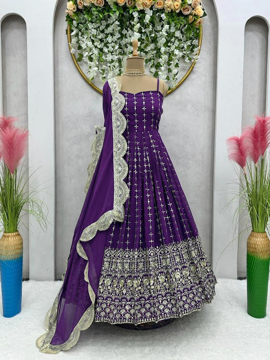 Indian Designer Purple Georgette Full Flared Anarkali With Heavy Embroidery Work Dupatta Ethnic Wear, Party Outfit, Anarkali Readymade Suits
