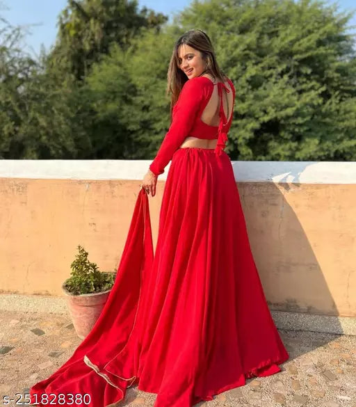 Attractive Red Georgette Lehenga Choli With Embroidery Work And Soft Net Dupatta For Women