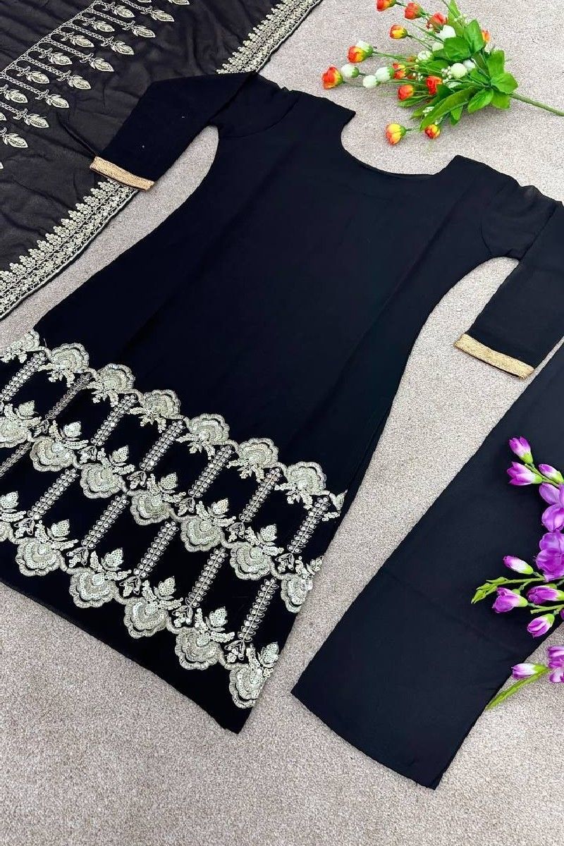 Black Faux Georgette Sequence Work Straight Suit