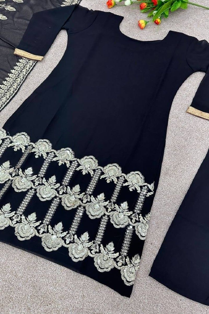 Black Faux Georgette Sequence Work Straight Suit