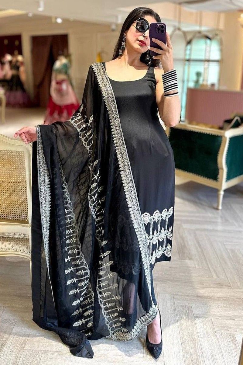 Black Faux Georgette Sequence Work Straight Suit