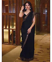 Black Georgette Sequence Work Border Party Wear Saree