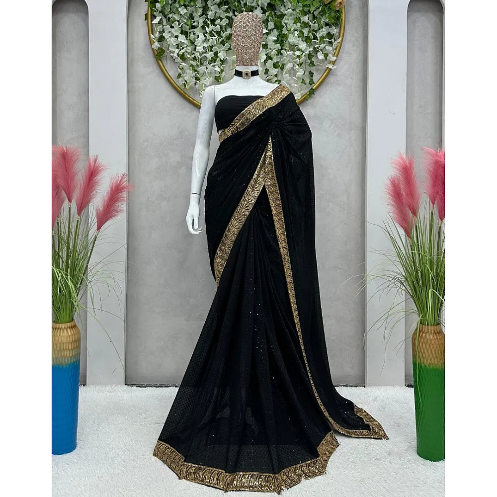 Black Georgette Sequence Work Border Party Wear Saree
