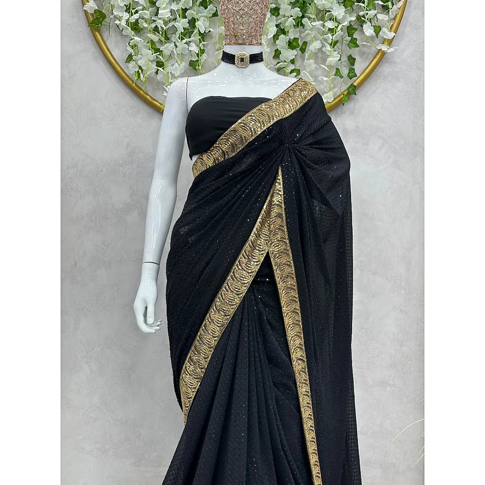 Black Georgette Sequence Work Border Party Wear Saree