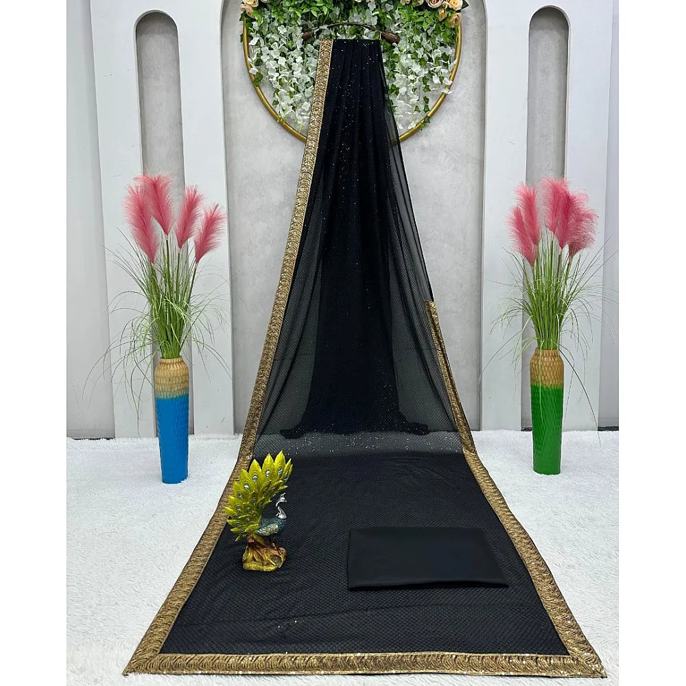 Black Georgette Sequence Work Border Party Wear Saree