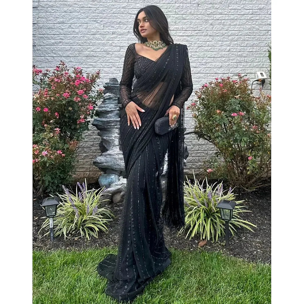 Black Soft Net Sequence Work Party Wear Saree