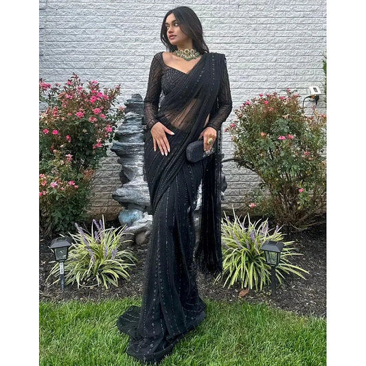 Black Soft Net Sequence Work Party Wear Saree