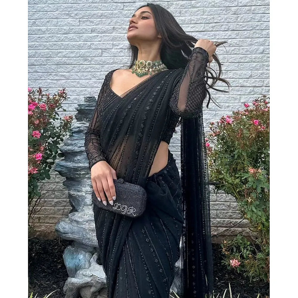 Black Soft Net Sequence Work Party Wear Saree