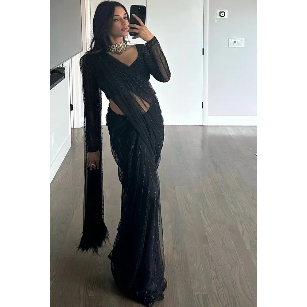 Black Soft Net Sequence Work Party Wear Saree