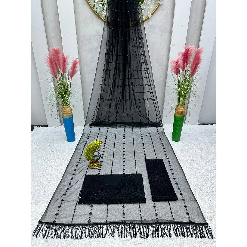 Black Soft Net Sequence Work Party Wear Saree