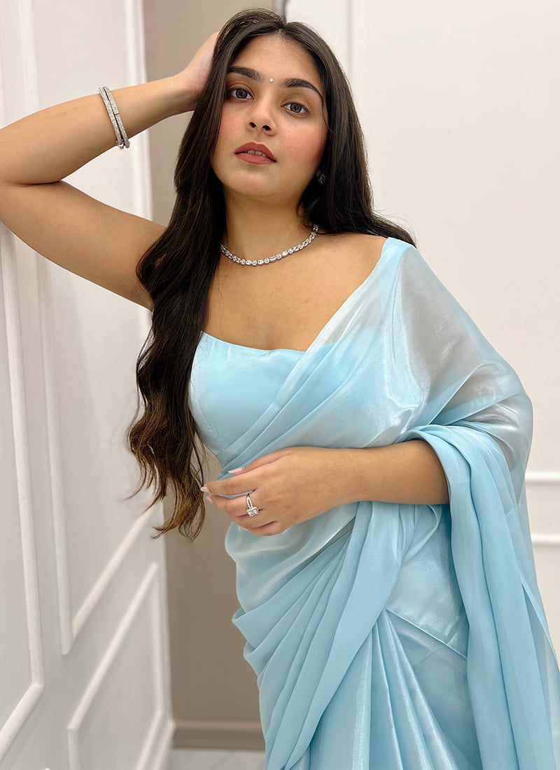 Baby Blue Plain Ready To Wear Silk Saree With Blouse