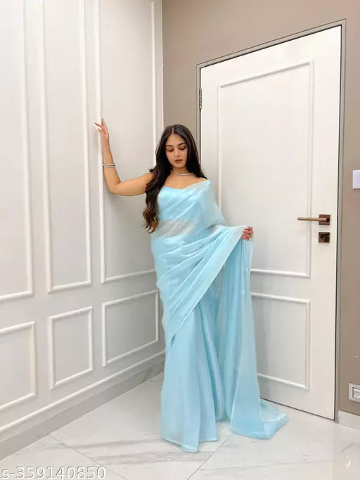 Baby Blue Plain Ready To Wear Silk Saree With Blouse