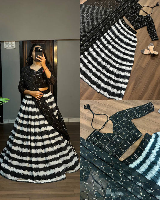 Exclusive Black & White Georgette Lehenga Set With Sequin Embellishments