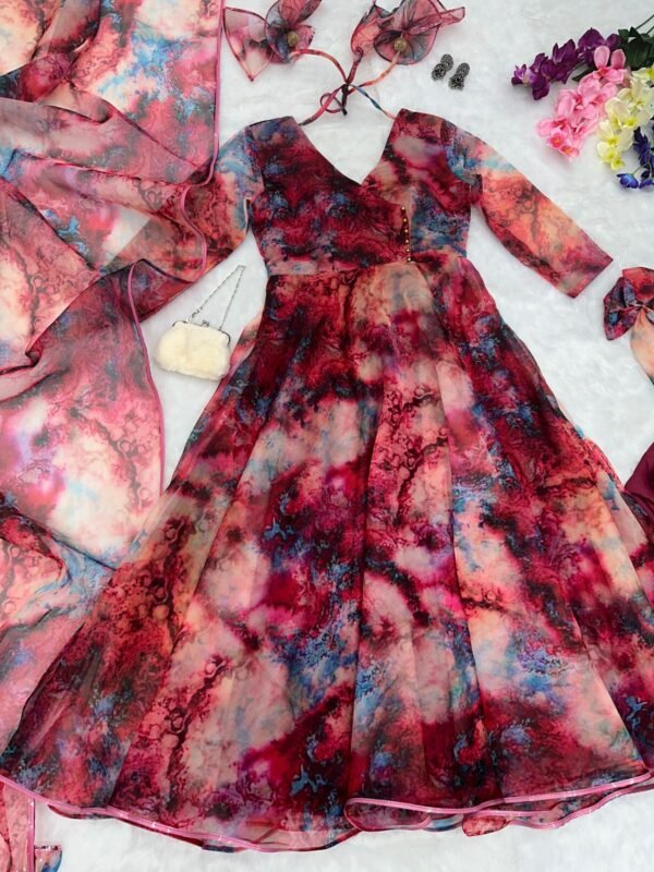 Digital Printed Pure Organza Silk Anarkali Suit Of Huge Flair With Lace Border