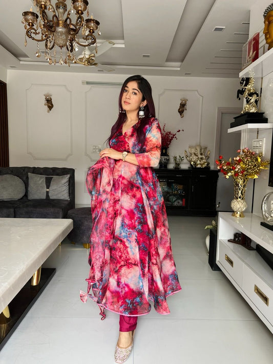 Digital Printed Pure Organza Silk Anarkali Suit Of Huge Flair With Lace Border