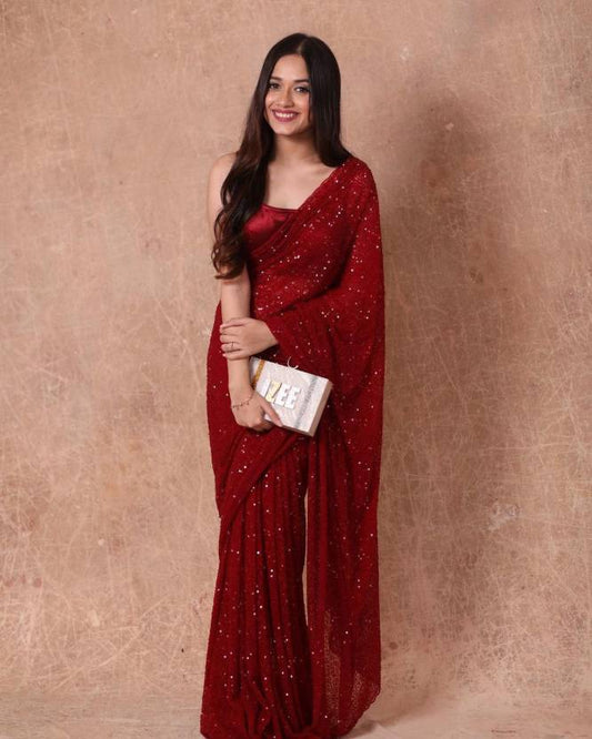 Designer Red Sequin Sarees For Women Beautiful Georgette Dual Sequins Work Saree For Party Wear And Wedding Indian Trendy Sequence Saree