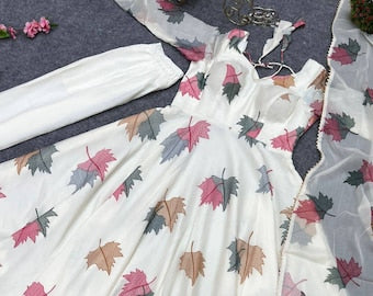 White Base Leaf Print Anarkali With Dupatta And Pant White Anarkali Suit White Dress White Gown For Summer Wear Summer Wear Dress White Gown