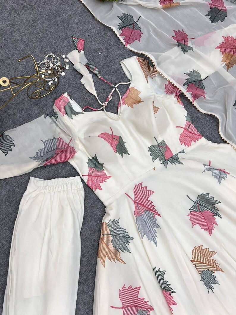 White Base Leaf Print Anarkali With Dupatta And Pant White Anarkali Suit White Dress White Gown For Summer Wear Summer Wear Dress White Gown