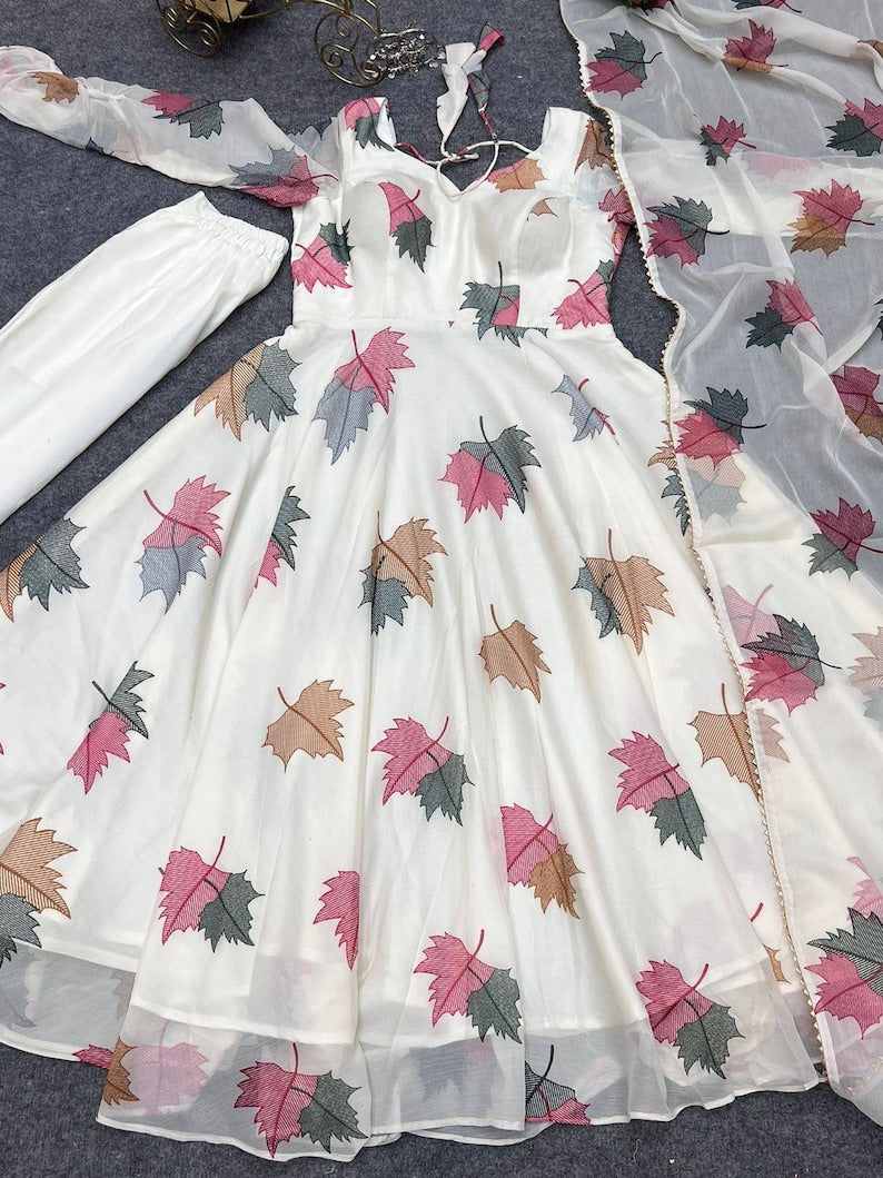 White Base Leaf Print Anarkali With Dupatta And Pant White Anarkali Suit White Dress White Gown For Summer Wear Summer Wear Dress White Gown