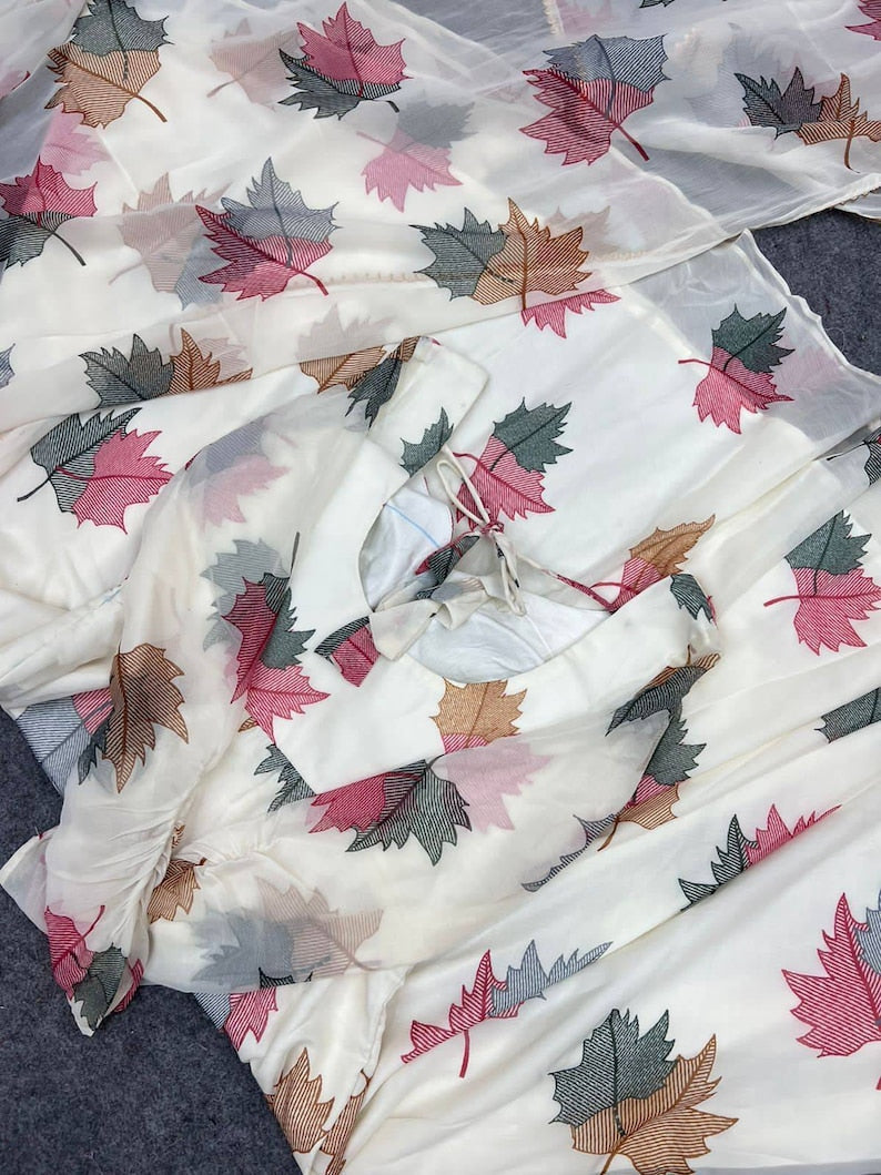 White Base Leaf Print Anarkali With Dupatta And Pant White Anarkali Suit White Dress White Gown For Summer Wear Summer Wear Dress White Gown