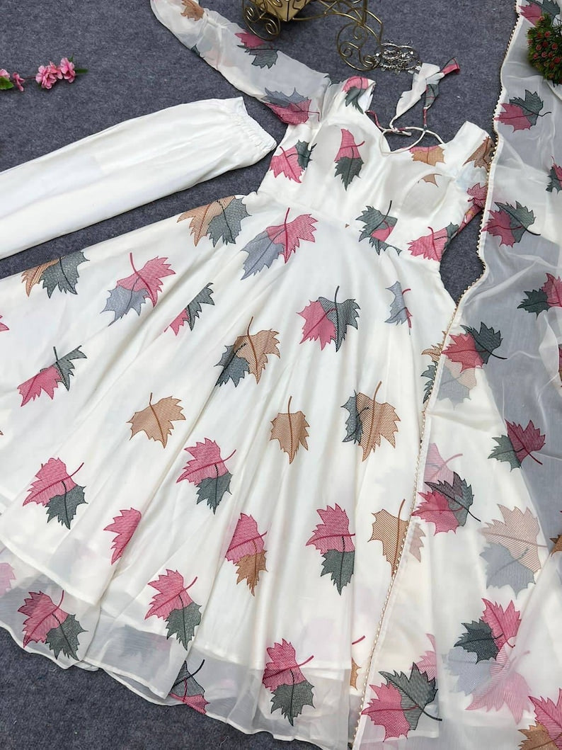 White Base Leaf Print Anarkali With Dupatta And Pant White Anarkali Suit White Dress White Gown For Summer Wear Summer Wear Dress White Gown