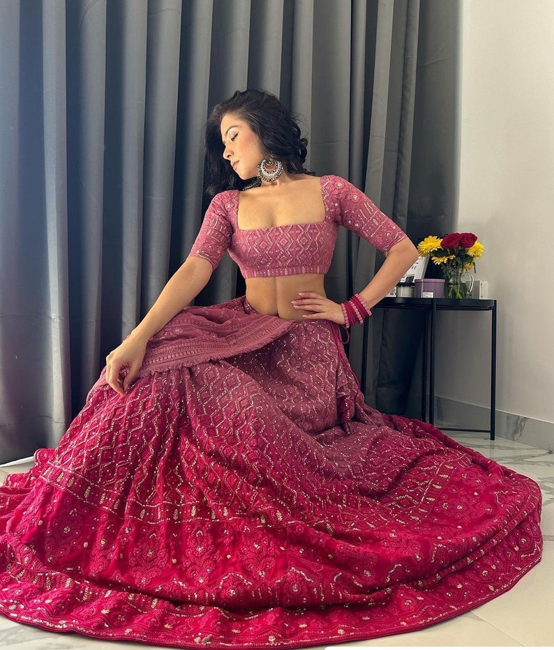 Pink Designer Lehenga Choli For Women Or Girls Georgette Indian Wedding Readymade Lehenga Skirt