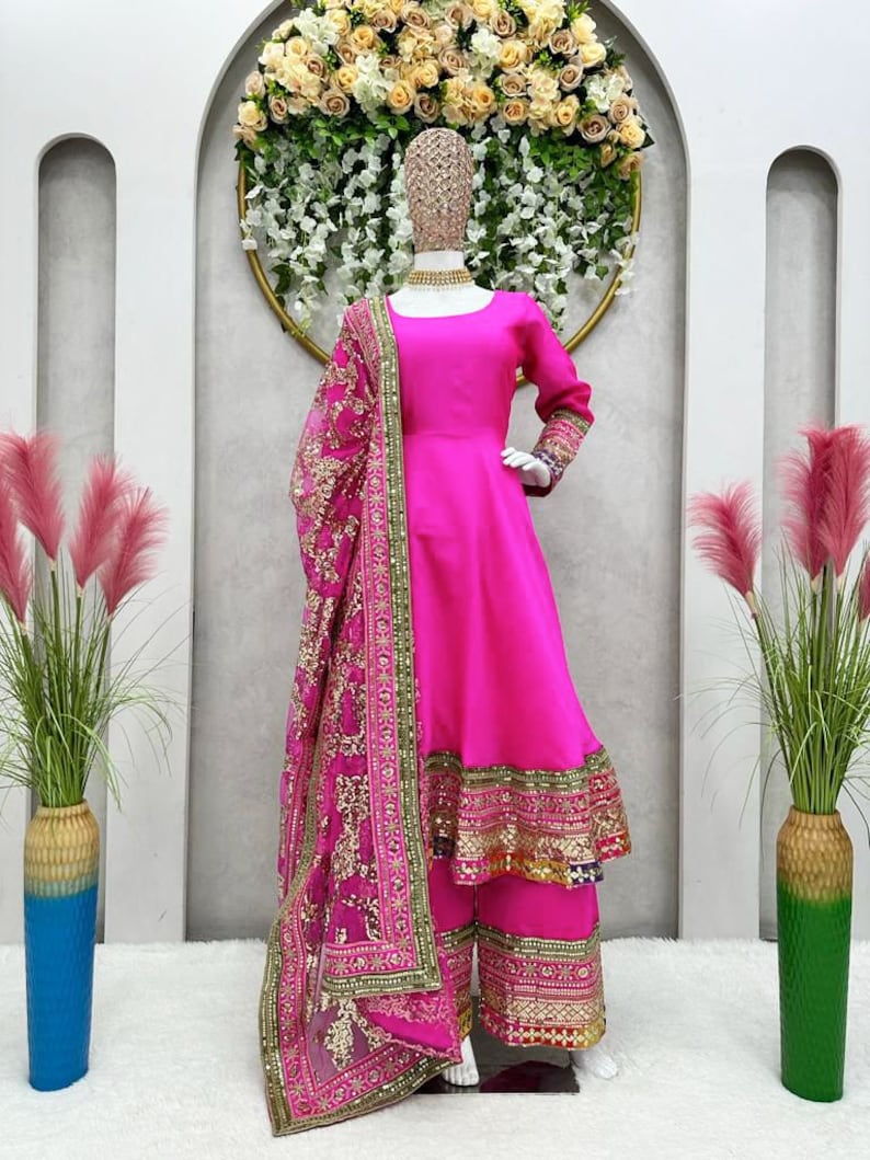 Pink Kurta Palazzo Set With Dupatta, Taffeta Silk Kurta And Soft Net Dupatta And Indian Women Dress For Ready To Wear Salwar Kameez For Dres