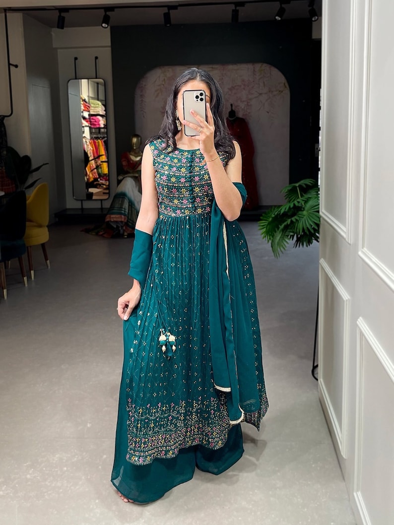 Fancy Naira Cut Kurta Palazzo Set With Dupatta