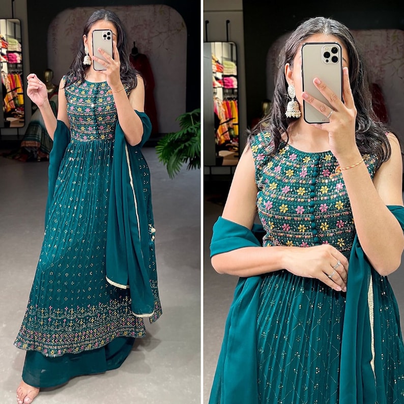 Fancy Naira Cut Kurta Palazzo Set With Dupatta