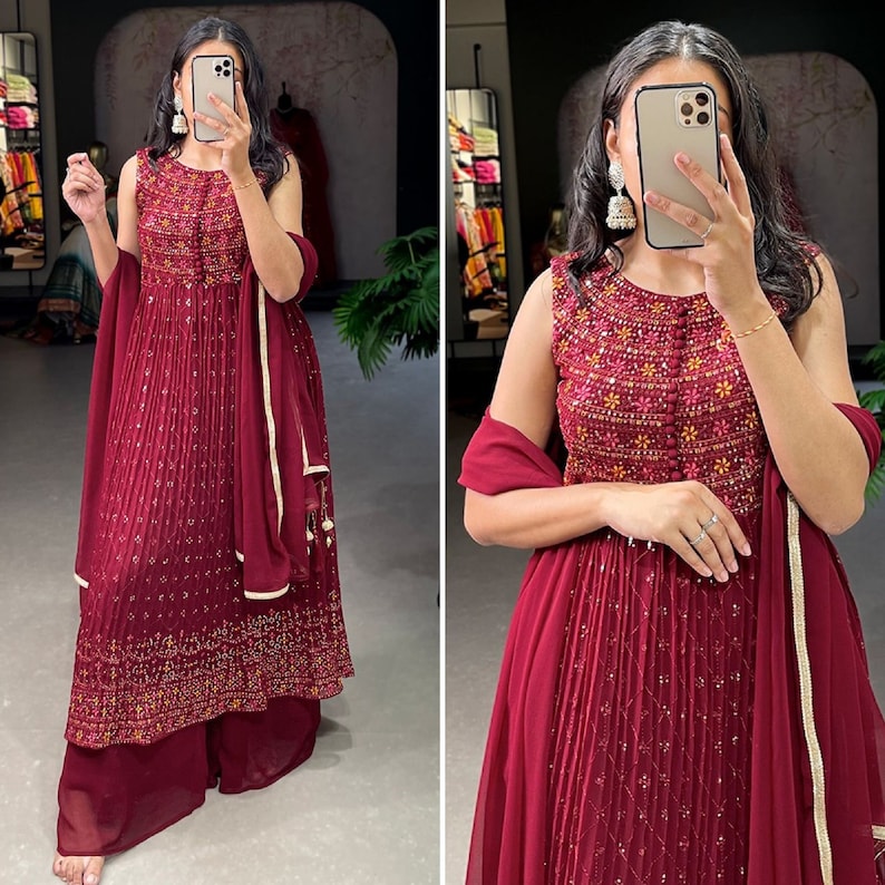 Fancy Naira Cut Kurta Palazzo Set With Dupatta