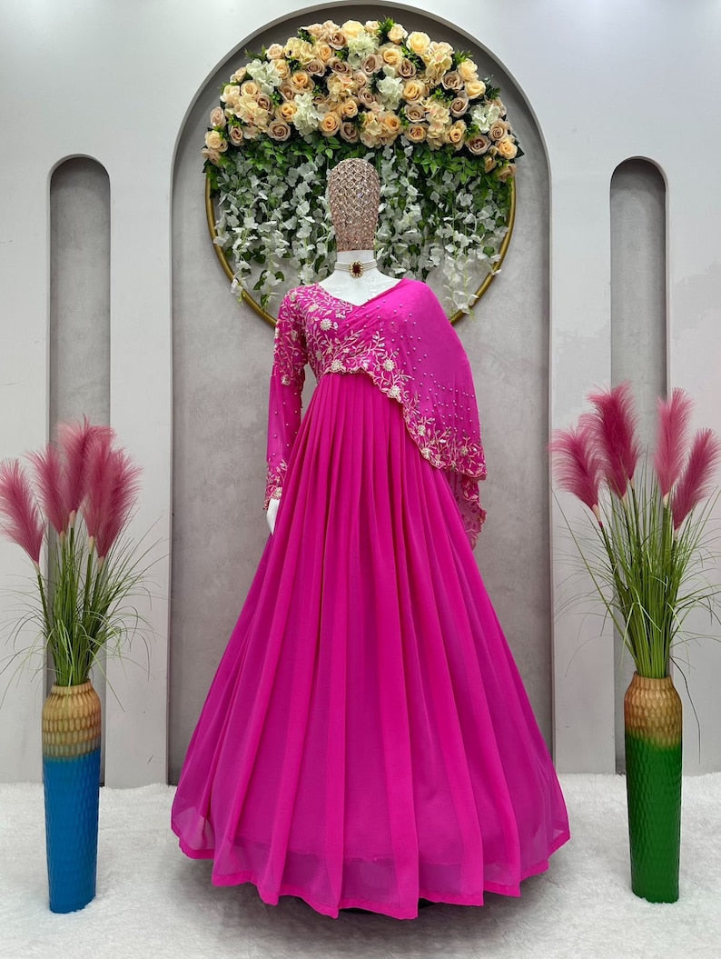 Hot Pink Sequence Embroidery Georgette Engagement Ceremony Wear Designer Long Anarkali Gown Suits, Indian Fashion Suits, Gown