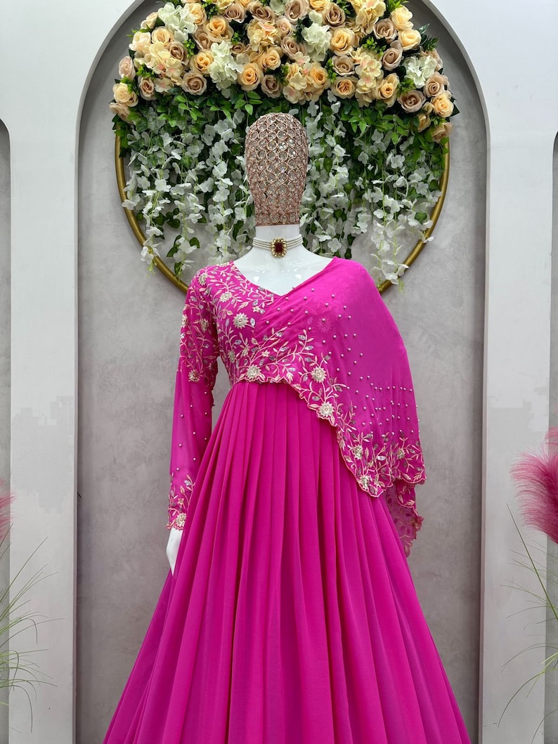 Hot Pink Sequence Embroidery Georgette Engagement Ceremony Wear Designer Long Anarkali Gown Suits, Indian Fashion Suits, Gown