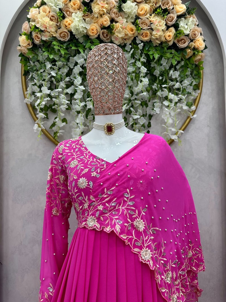 Hot Pink Sequence Embroidery Georgette Engagement Ceremony Wear Designer Long Anarkali Gown Suits, Indian Fashion Suits, Gown