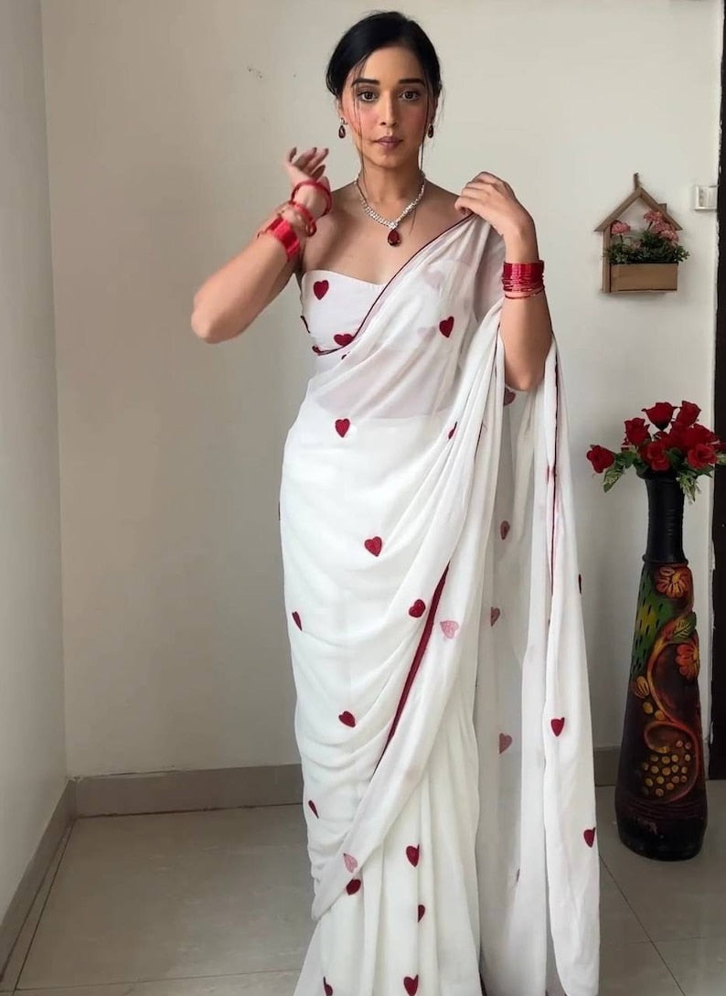 White Red Saree With Stitched Blouse For Women Indian Designer Saree Ready To Wear Saree Wedding Saree Bollywood Party Wear Saree