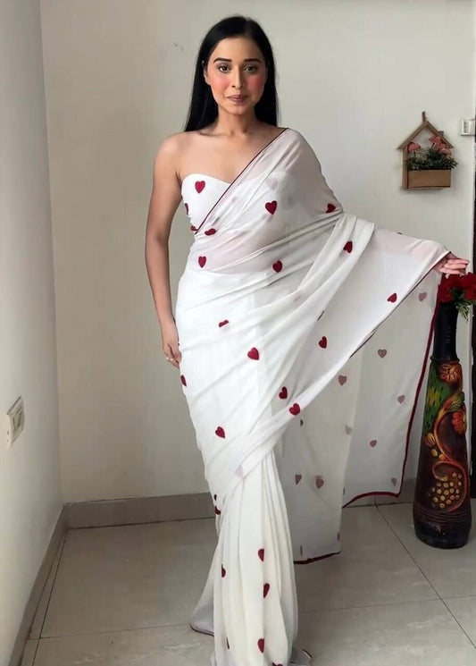 White Red Saree With Stitched Blouse For Women Indian Designer Saree Ready To Wear Saree Wedding Saree Bollywood Party Wear Saree