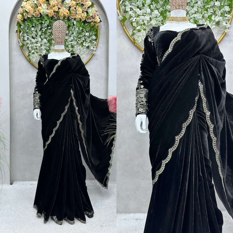 Designer Velvet Sequence Saree For Women, Wedding Wear Saree, Party Wear Saree Set, Bollywood Style Saree,traditional Indian Designer Saree
