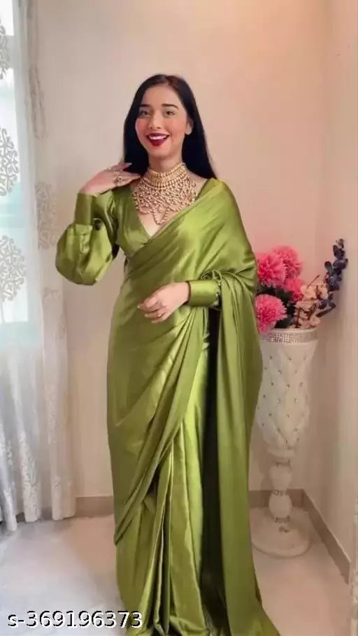 Partywear Pure Satin Silk Saree With Blouse, Wedding Saree For Women, Silk Saree, Bridesmaid Sarees, Ready To Wear Saree, Pre-stitched Saree