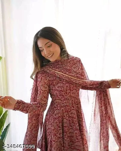 New Trendy Georgette With Digital Printed Gown And Dupatta Set For Women