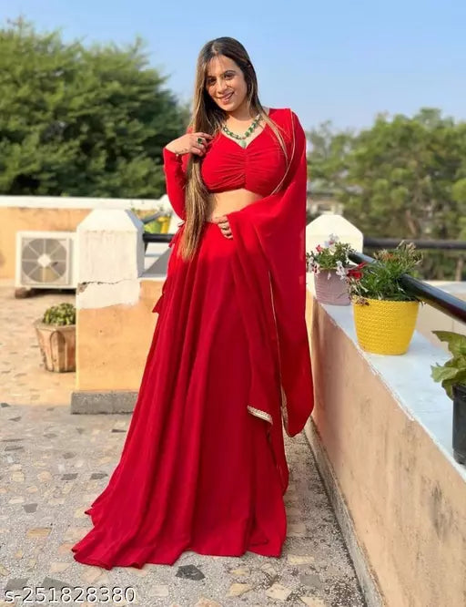 Attractive Red Georgette Lehenga Choli With Embroidery Work And Soft Net Dupatta For Women
