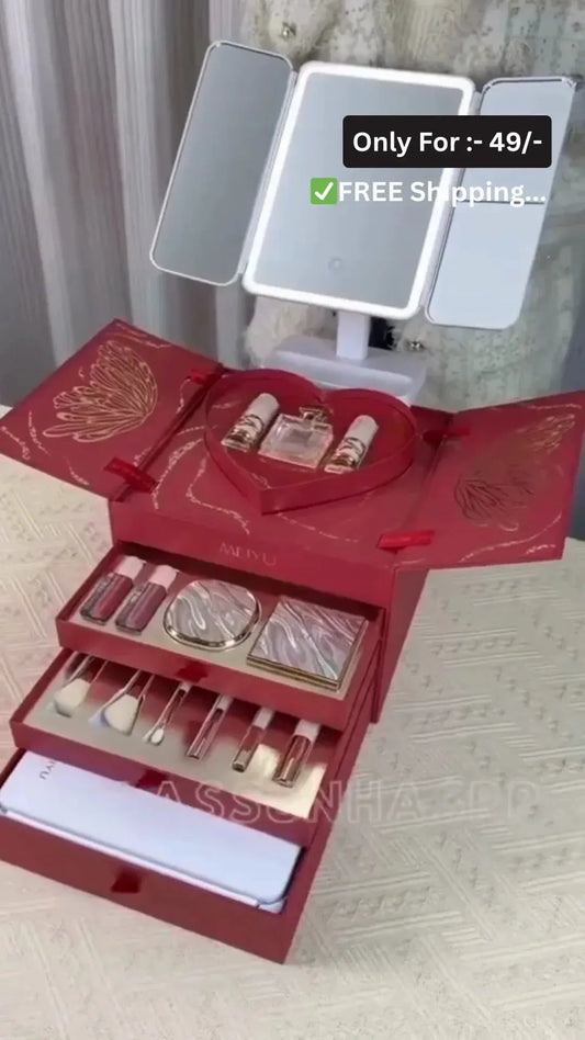 Luxury All-in-One Makeup Gift Box with Lipsticks, Compact Powder, Eyeshadow Palette, Brushes, Perfume, and Beauty Essentials in Elegant Red Heart-Shaped Packaging – Perfect Cosmetic Kit for Women and Girls