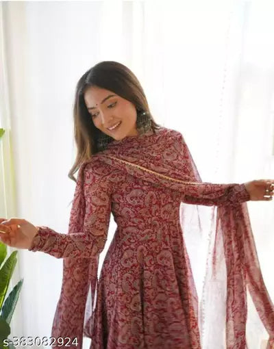 New Trendy Georgette With Digital Printed Gown And Dupatta Set For Women