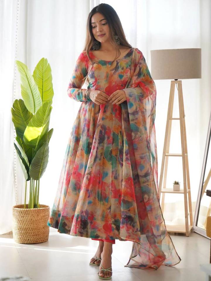 Premium Indian Designer Floral Print Full Flared Anarkali Long Flared Earthy Kurta Kurti with Dupatta Readymade Salwar Kameez set