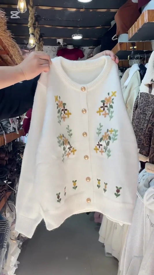 Women’s Floral Embroidered Knitted Cardigan – Cozy Button-Down Winter Sweater in White, Red, Black & Brown Colors