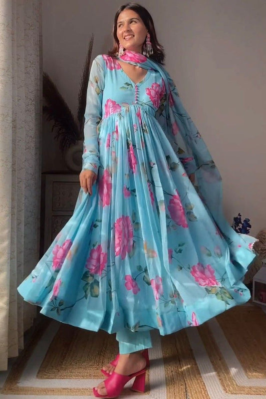 Designer Beautiful Sky Bluebase Flower Printed Georgette Anarkali Suit Set, Flaired Anarkali , Printed Anarkali Set,indian Outfits Readymade