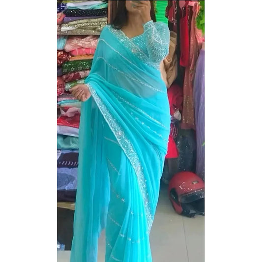 Blue Georgette New Heavy Designer Beautiful Saree