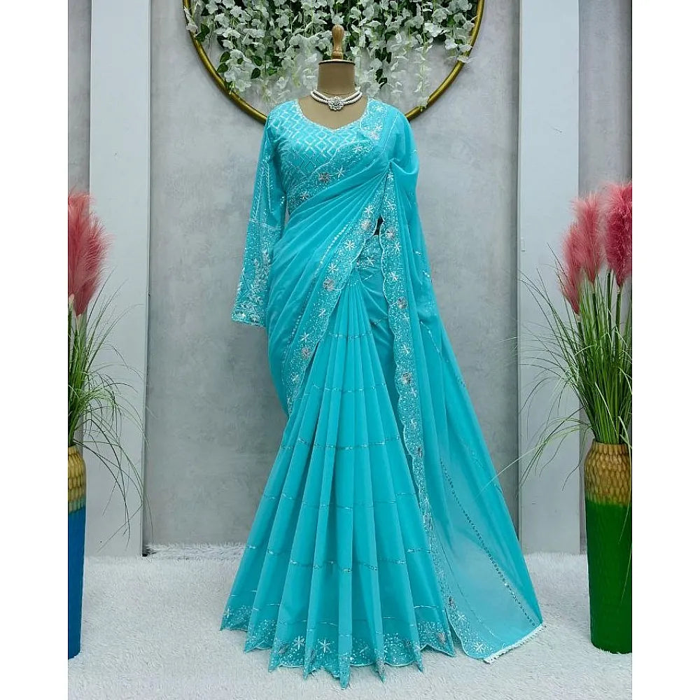 Blue Georgette New Heavy Designer Beautiful Saree