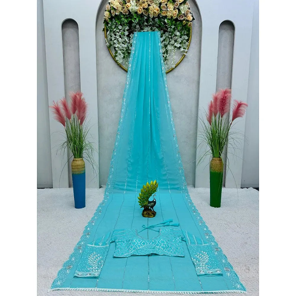 Blue Georgette New Heavy Designer Beautiful Saree