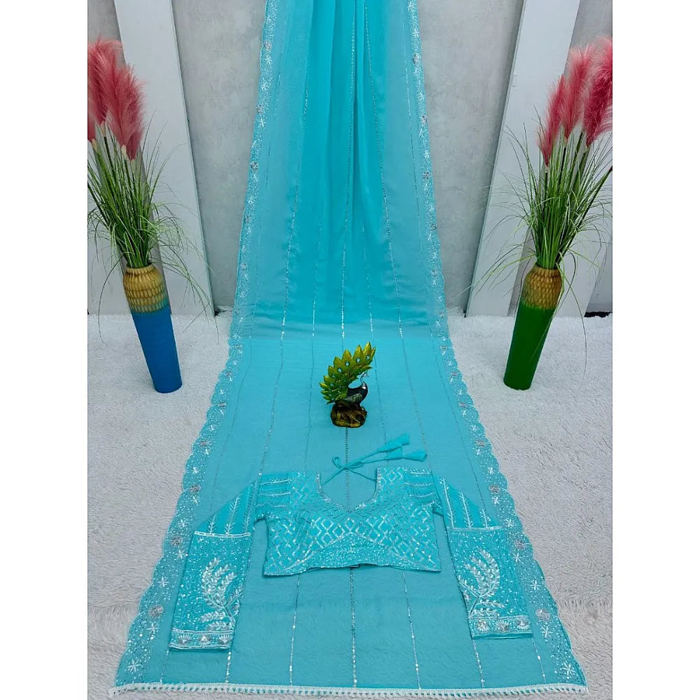 Blue Georgette New Heavy Designer Beautiful Saree