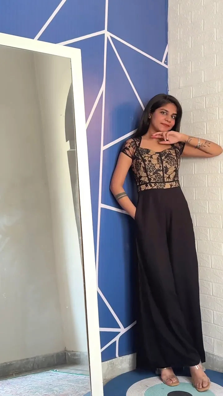 Stylish Black Designer Jumpsuit with Sheer Embellished Sleeves and Sequined Detailing – Perfect Party and Evening Wear Outfit