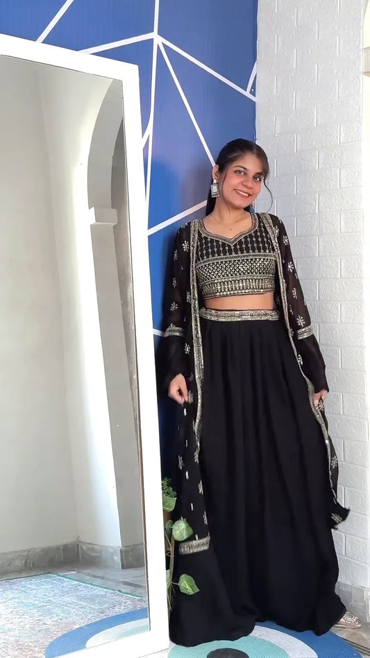 Elegant Black Lehenga Choli Set with Intricate Silver Embroidery – Paired with Matching Dupatta, Perfect for Weddings, Festive Celebrations and Special Occasions